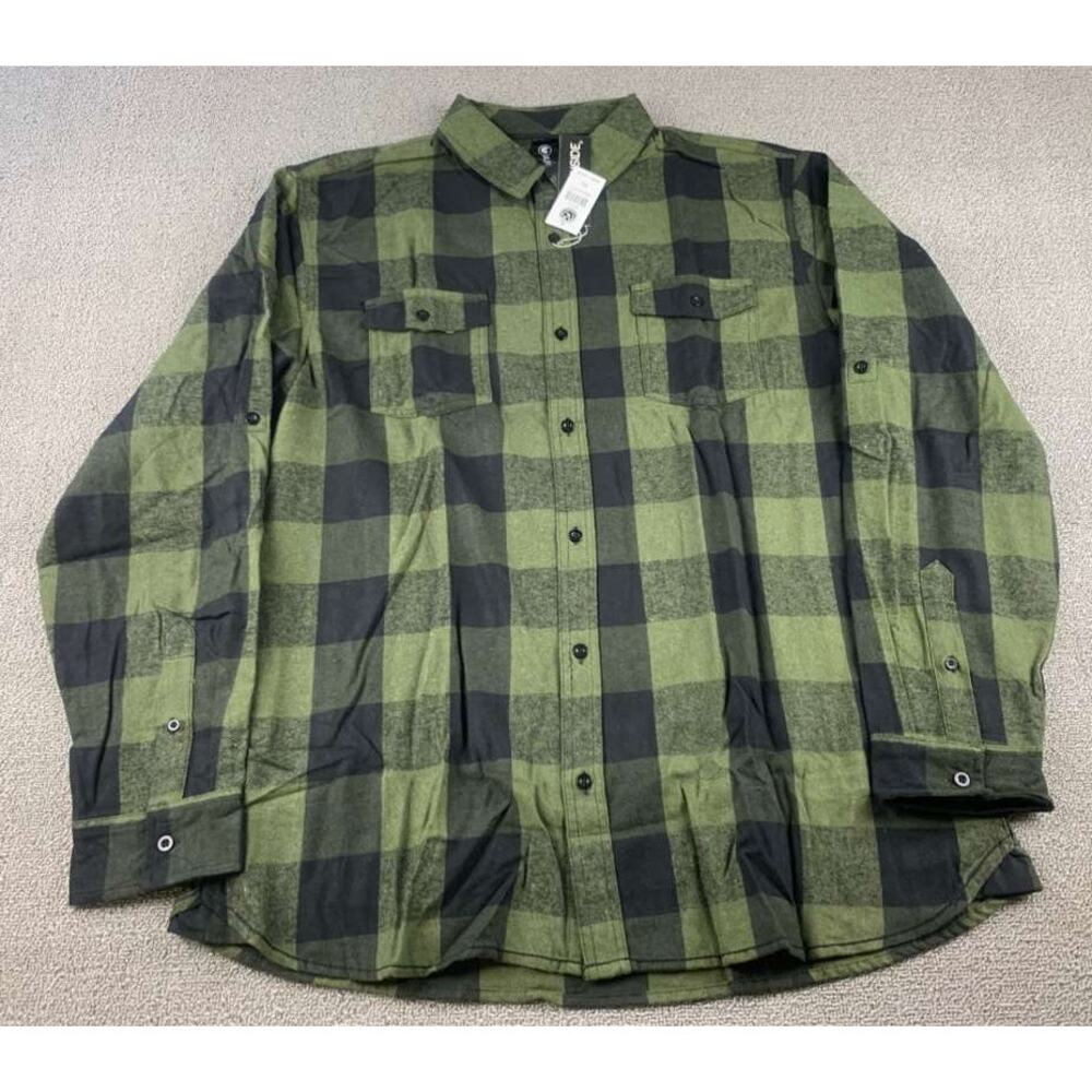 Burnside Shirt Men XL Army Green Button Down‎ Long Sleeve Chest Pockets Plaid